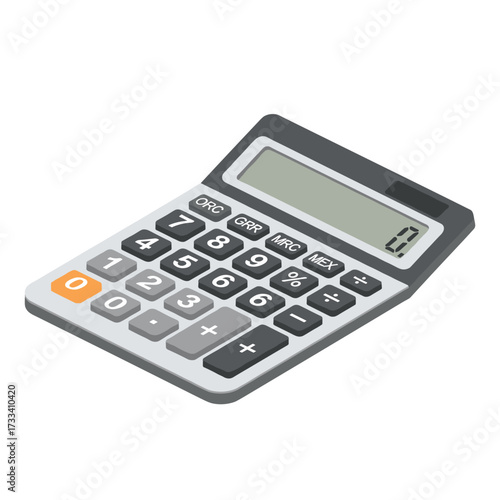 Gray electronic calculator shown from an isometric perspective, an essential tool for accounting, education, and financial planning isolated on white