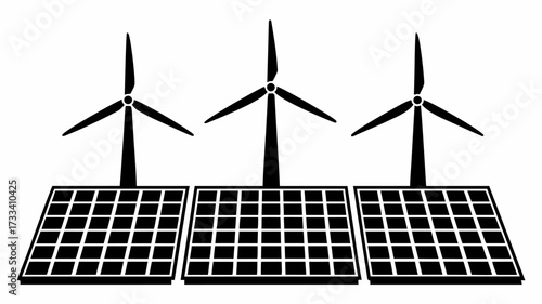 Sustainable energy icon showcasing solar panel arrays with wind turbines offering a clean power solution