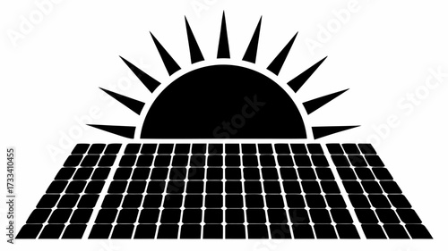 Clean solar energy concept with sun rising above solar panels, powering a sustainable future