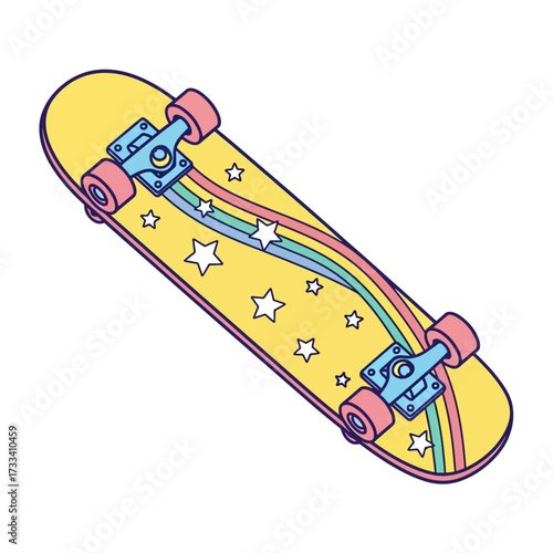 A whimsical yellow skateboard illustration captures a retro vibe with a vibrant rainbow stripe and a cosmic scattering of playful stars