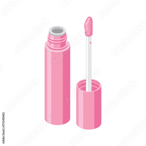 Pink Lip Gloss Tube with Applicator Wand on White Background