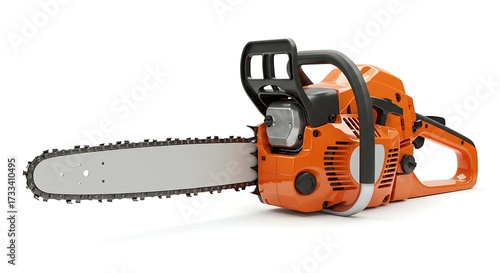 Orange chainsaw isolated on white background for construction and industry