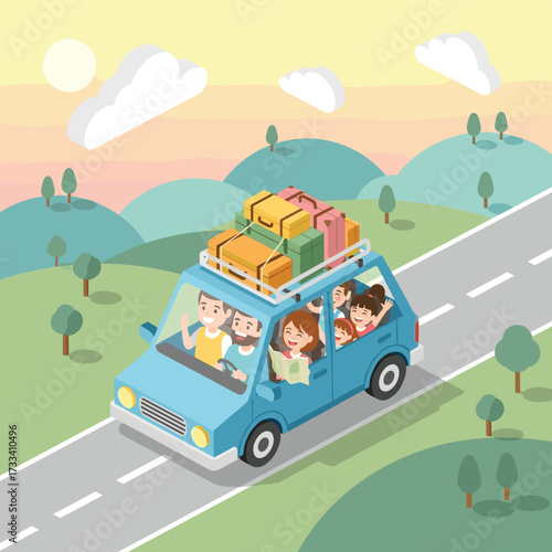 Family Road Trip Adventure Driving Through Scenic Landscapes with Luggage on the Car Roof