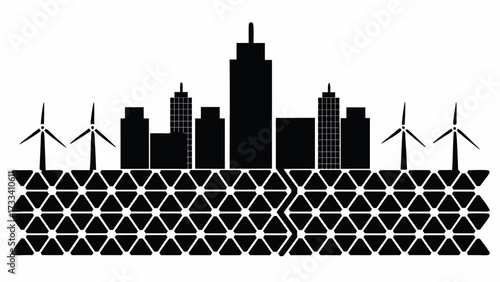 Sustainable city skyline featuring modern wind turbines and triangular pattern foundation design