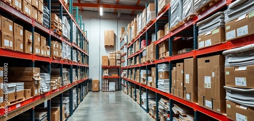 Neatly organized small business warehouse shelves stocked with inventory,  depot,  distribution