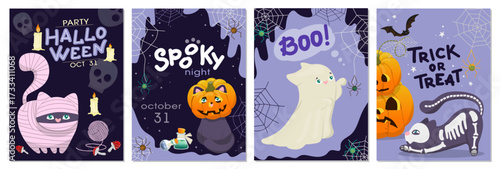 Set of Halloween vector illustrations featuring cute cats dressed as mummies and pumpkins, a playful ghost saying Boo , and whimsical decorative elements like spiders and bats.