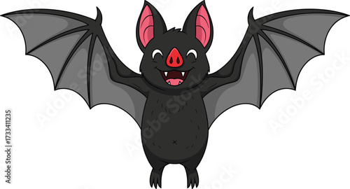Cartoon bat character with happy smile, flying nocturnal animal mascot, vector illustration, cute winged creature, cheerful design, children’s media concept