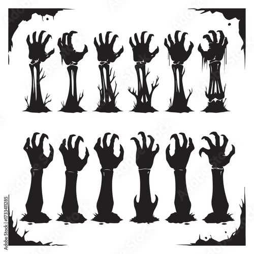 a set of 12 black zombie hand silhouettes rising from the ground in a horror and Halloween style 