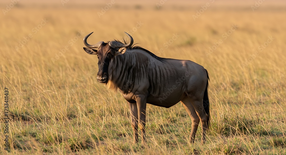Fototapeta premium Wildebeest standing in a field during daytime sunlight