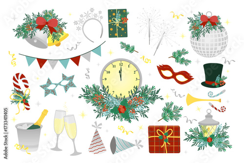 Celebrate the New Year with this vibrant vector illustration featuring festive elements like champagne glasses, party hats, masks, and a midnight clock. Perfect for holiday designs.