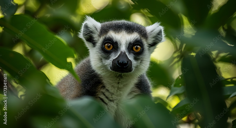 Obraz premium Ring tailed lemur portrait in lush green foliage with focus on the animal