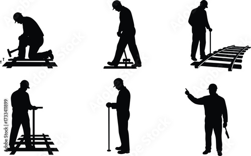 railway, construction, worker, silhouette, maintenance, track, repair, industry, labor, teamwork, safety, vector, 