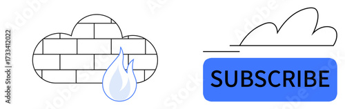 Firewall cloud with a flame symbol representing digital security next to a subscribe button. Ideal for cybersecurity, subscription plans, digital marketing, software, cloud services, technology