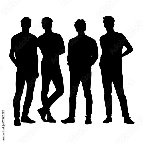 Silhouette of four men standing together isolated on transparent background