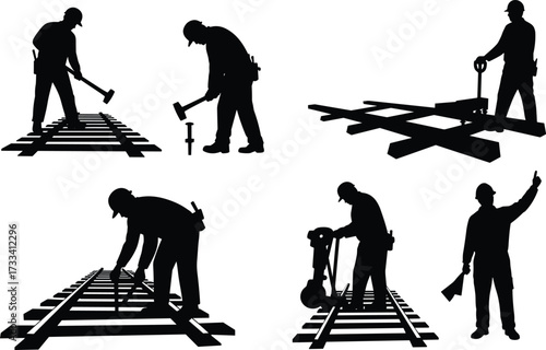 railway, construction, worker, silhouette, maintenance, track, repair, industry, labor, teamwork, safety, black