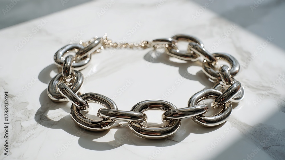 Fototapeta premium Sleek silver chain necklace resting on a marble surface, showcasing its reflective surface and modern design.