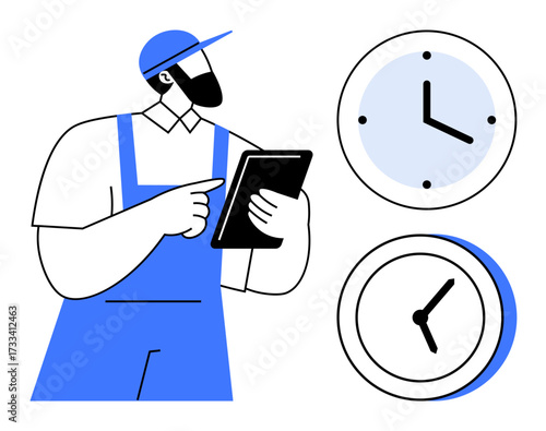 Worker in overalls holding a tablet, pointing to the screen beside two clocks. Ideal for productivity, time tracking, business efficiency, workforce management, scheduling, labor, simple flat