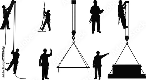 construction, worker, silhouette, rigging, lifting, teamwork, industry, occupation, safety, labor, black