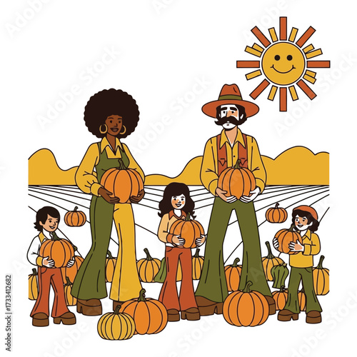 Retro family enjoys autumn fun picking pumpkins at the patch