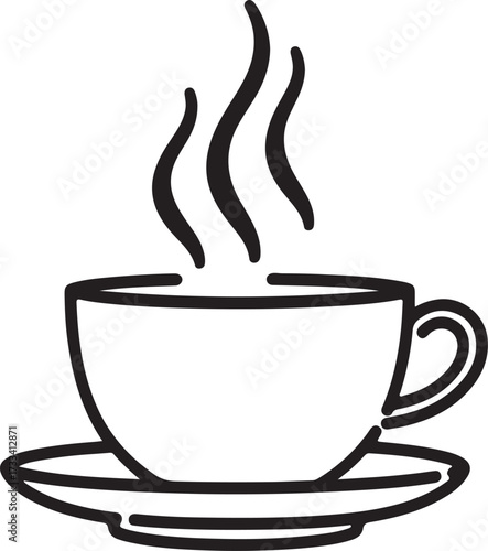 Simple black line drawing of a steaming hot cup of coffee or tea on a saucer vector