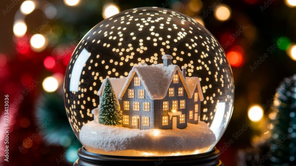 Obraz premium Festive Christmas snow globe with miniature village and glowing lights