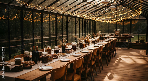 Festive dinner table setting in a greenhouse with string lights overhead