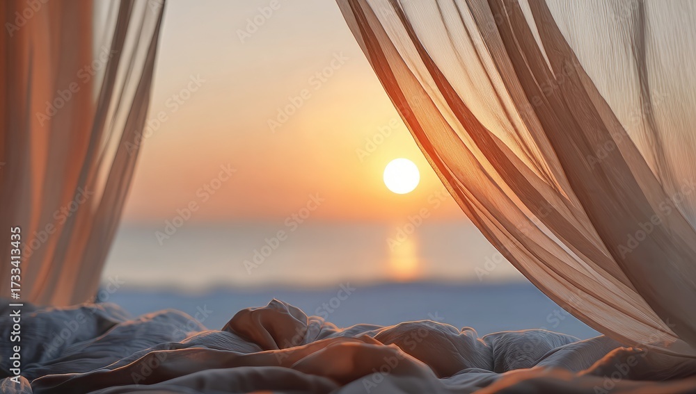 Obraz premium Sunrise through sheer curtains, bed