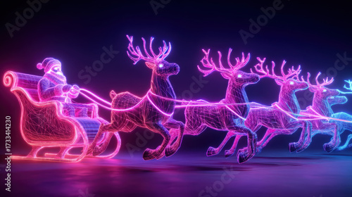 Neon Santa Claus in sleigh with reindeer glowing in vibrant colors, creating festive and magical atmosphere