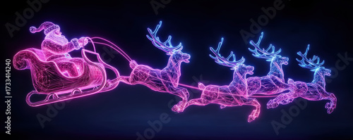 Neon wireframe illustration of Santa Claus in sleigh with reindeer, glowing in pink and blue against dark background