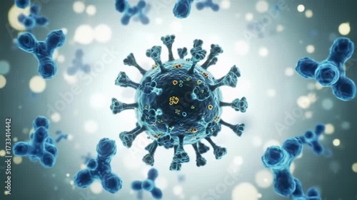 Hyper-detailed sars-cov-2 virus with glistening spike proteins, neutralized by vibrant azure antibodies in a luminous microscopic environment with soft bokeh. Concept of biological immune system
