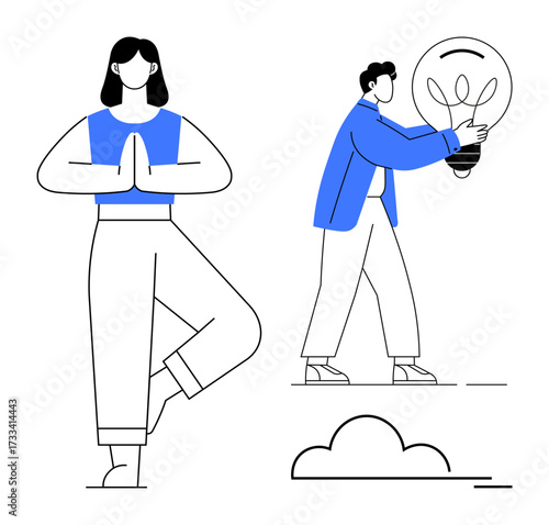 Woman in tree pose practicing mindfulness and self-care man walking with giant light bulb symbol of creativity. Ideal for self-improvement, balance, teamwork, innovation, motivation, health, simple
