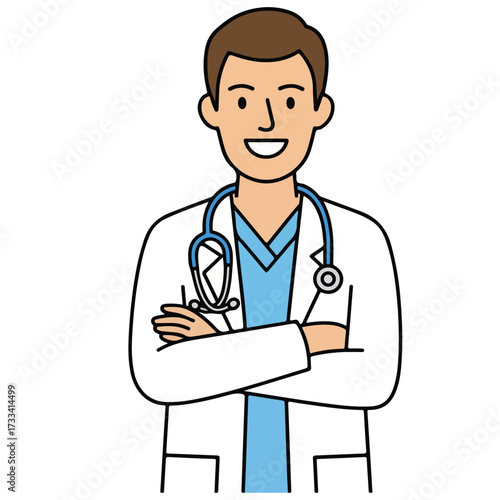 Smiling Doctor in White Coat with Stethoscope Crossing Arms