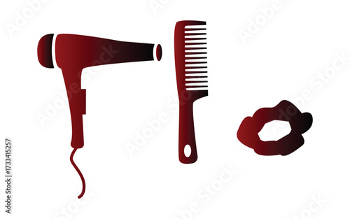Hairdressing tools featuring a hair dryer comb and scrunchie in dark red tones-