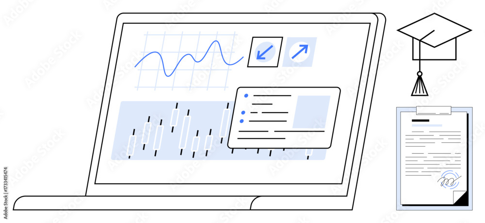 custom made wallpaper toronto digitalLaptop displaying charts, analytics, and documents. Graduation cap and certificate beside. Ideal for education, skill building, certification, e-learning, analytics achievement digital tools