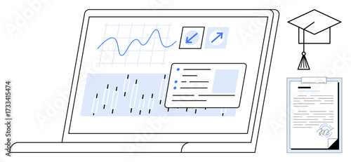 Wallpaper Mural Laptop displaying charts, analytics, and documents. Graduation cap and certificate beside. Ideal for education, skill building, certification, e-learning, analytics achievement digital tools Torontodigital.ca