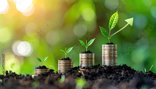 Stacks of coins with growing plants, symbolizing financial growth, against a blur