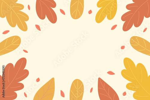 Horizontal rectangular frame of autumn leaves around the perimeter. Autumn and harvest concept. Flat style vector illustration.