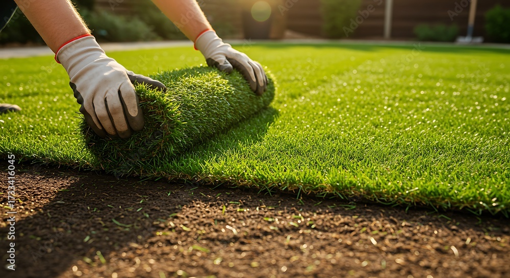 Naklejka premium Lawn installation hands rolling out fresh turf on a sunny day