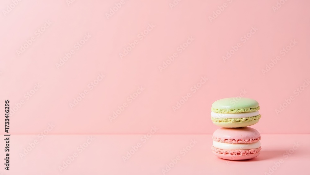 custom made wallpaper toronto digitalTwo colorful pink and green macarons stacked on a solid pink background with copy space.