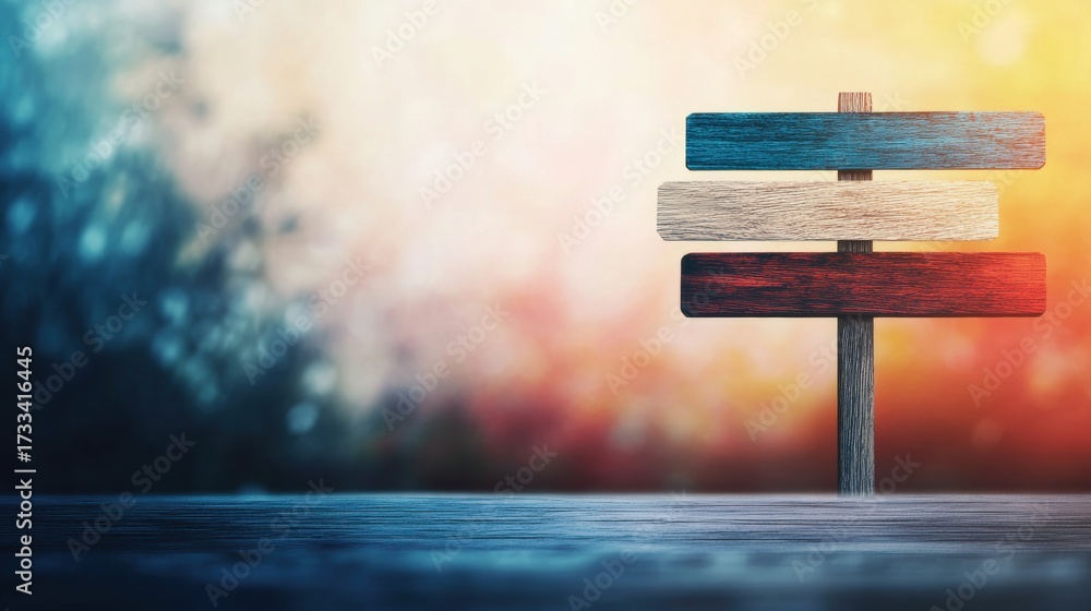 Fototapeta premium Signpost stands still against a blurred colorful background in soft light