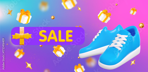 3d banner with blue sneakers, shoes, hiking footwear and yellow Sale sign letters. Sale and discount text design element. Stock vector illustration on isolated background.