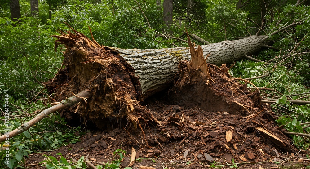 Fototapeta premium Fallen tree with exposed roots in forest environment after storm