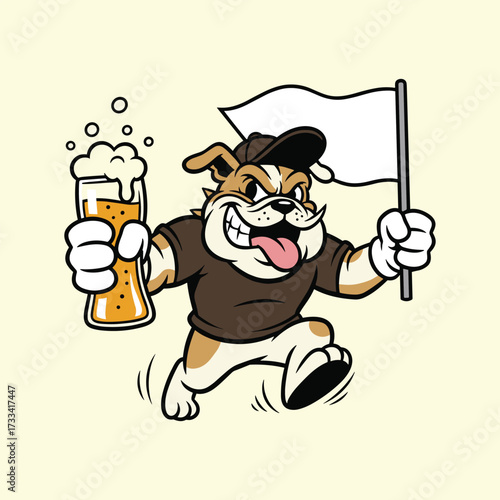 Aggressive Running Bulldog Mascot with Beer and Flag