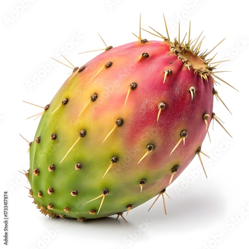Opuntia ficus-indica var. rotundifolia Wild Cactus Pear Bold and Rounded Desert Treasure with Glossy Succulent Pads and Vibrant Prickly Fruit on Crisp White Solid Background Still Life