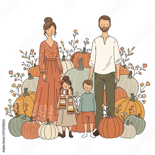 Happy family autumn scene embraces pumpkin patch harvest celebration together