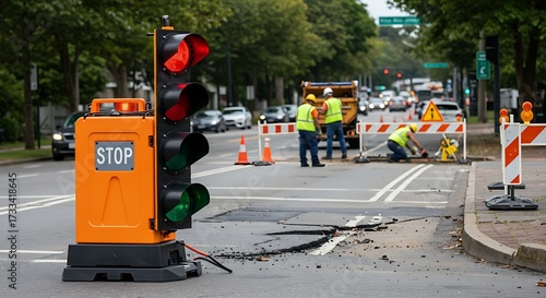 Fototapeta Naklejka Na Ścianę i Meble -  Road construction site with a portable traffic light and workers