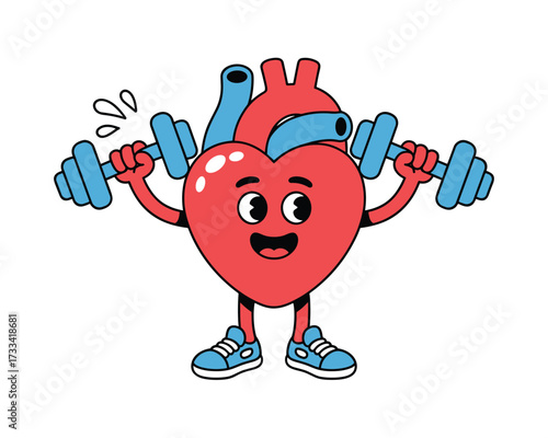 Cartoon heart lifting dumbbells isolated on white background