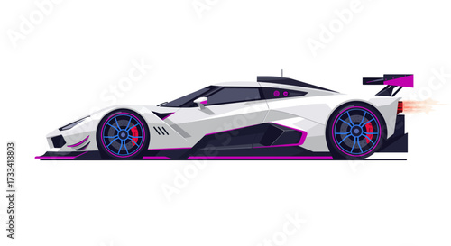 White sports car racing on the track at high speed.