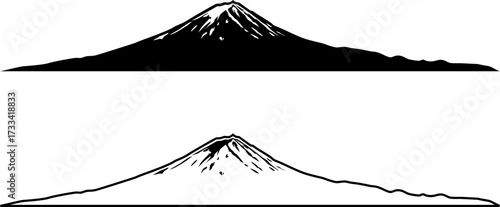 Volcanic Mountain Silhouette Line Art — Black and White Vector Illustration