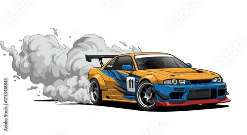 Yellow and Blue Drift Car with Smoke Illustration.